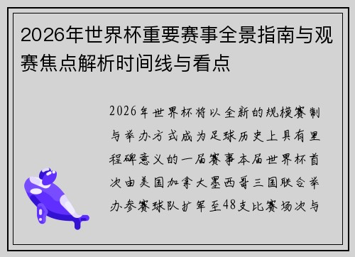2026年世界杯重要赛事全景指南与观赛焦点解析时间线与看点